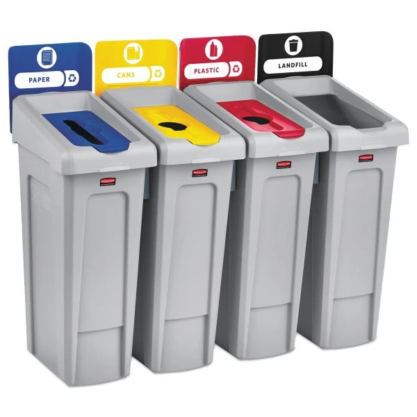 Rubbermaid Commercial Slim Jim Recycling Station Kit, 4-Stream Landfill/Paper/Plastic/Cans, 92 Gal, Plastic, Blue/Gray/Red/Yellow 1 Rubbermaid Commercial Slim Jim Recycling Station Kit, 4-Stream Landfill/Paper/Plastic/Cans, 92 Gal, Plastic, Blue/Gray/Red/Yellow