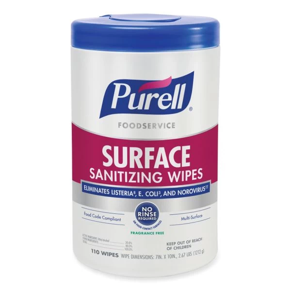 PURELL Foodservice Surface Sanitizing Wipes, 1-Ply, 10 X 7, Fragrance-Free, White, 110/Canister, 6 Canisters/Carton 3 PURELL Foodservice Surface Sanitizing Wipes, 1-Ply, 10 X 7, Fragrance-Free, White, 110/Canister, 6 Canisters/Carton - Image 3