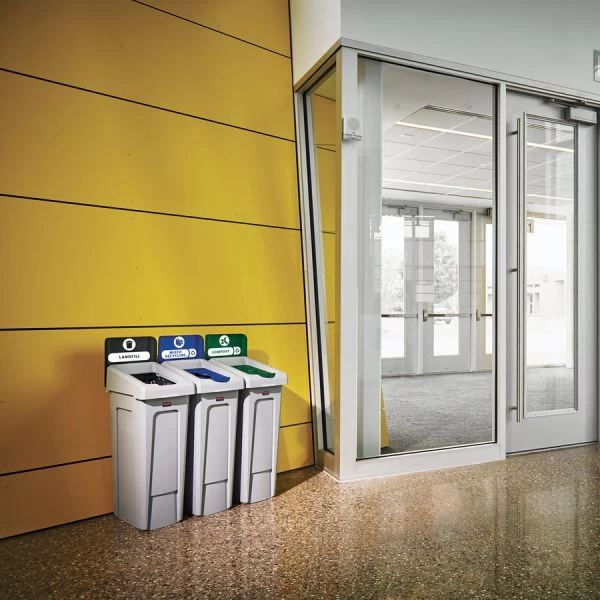 Rubbermaid Commercial Slim Jim Recycling Station Kit, 3-Stream Landfill/Mixed Recycling, 69 Gal, Plastic, Blue/Gray/Green 4 Rubbermaid Commercial Slim Jim Recycling Station Kit, 3-Stream Landfill/Mixed Recycling, 69 Gal, Plastic, Blue/Gray/Green - Image 4