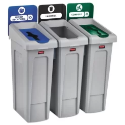Rubbermaid Commercial Slim Jim Recycling Station Kit, 3-Stream Landfill/Mixed Recycling, 69 Gal, Plastic, Blue/Gray/Green