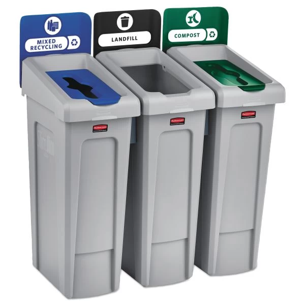 Rubbermaid Commercial Slim Jim Recycling Station Kit, 3-Stream Landfill/Mixed Recycling, 69 Gal, Plastic, Blue/Gray/Green 1 Rubbermaid Commercial Slim Jim Recycling Station Kit, 3-Stream Landfill/Mixed Recycling, 69 Gal, Plastic, Blue/Gray/Green