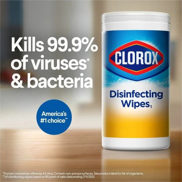 Clorox Disinfecting Wipes, 1-Ply, 7 X 8, Crisp Lemon, White, 35/Canister, 12 Canisters/Carton 5 Clorox Disinfecting Wipes, 1-Ply, 7 X 8, Crisp Lemon, White, 35/Canister, 12 Canisters/Carton - Image 5