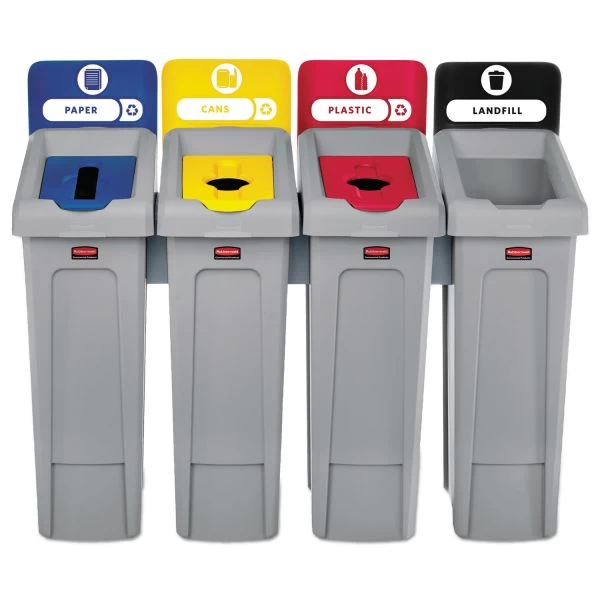Rubbermaid Commercial Slim Jim Recycling Station Kit, 4-Stream Landfill/Paper/Plastic/Cans, 92 Gal, Plastic, Blue/Gray/Red/Yellow 2 Rubbermaid Commercial Slim Jim Recycling Station Kit, 4-Stream Landfill/Paper/Plastic/Cans, 92 Gal, Plastic, Blue/Gray/Red/Yellow - Image 2