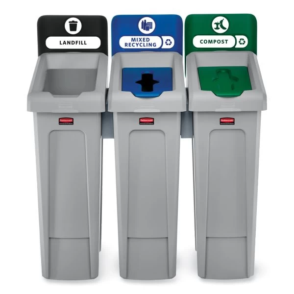 Rubbermaid Commercial Slim Jim Recycling Station Kit, 3-Stream Landfill/Mixed Recycling, 69 Gal, Plastic, Blue/Gray/Green 9 Rubbermaid Commercial Slim Jim Recycling Station Kit, 3-Stream Landfill/Mixed Recycling, 69 Gal, Plastic, Blue/Gray/Green - Image 9