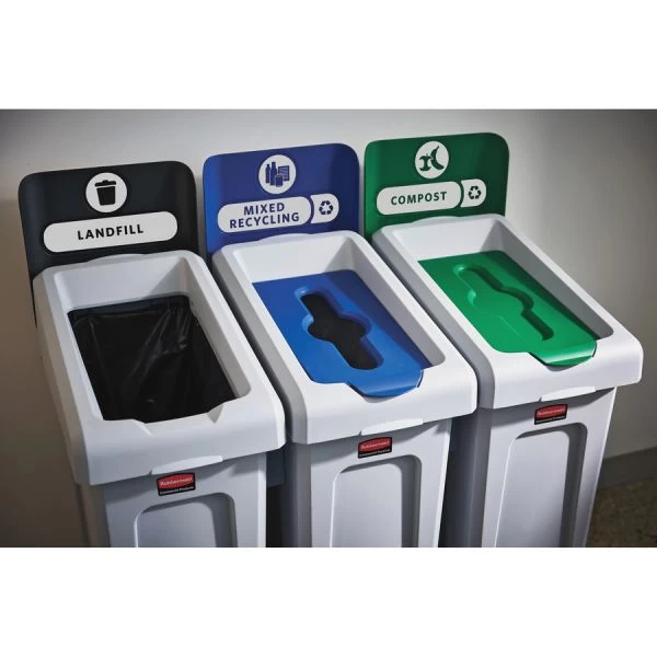 Rubbermaid Commercial Slim Jim Recycling Station Kit, 3-Stream Landfill/Mixed Recycling, 69 Gal, Plastic, Blue/Gray/Green 2 Rubbermaid Commercial Slim Jim Recycling Station Kit, 3-Stream Landfill/Mixed Recycling, 69 Gal, Plastic, Blue/Gray/Green - Image 2