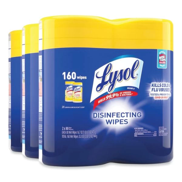 LYSOL Brand Disinfecting Wipes, 1-Ply, 7 X 7.25, Lemon And Lime Blossom, White, 80 Wipes/Canister, 2 Canisters/Pack, 3 Packs/Carton 5 LYSOL Brand Disinfecting Wipes, 1-Ply, 7 X 7.25, Lemon And Lime Blossom, White, 80 Wipes/Canister, 2 Canisters/Pack, 3 Packs/Carton - Image 5