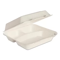 Bare Eco-Forward Bagasse Hinged Lid Containers, 3-Compartment, 9.6 X 9.4 X 3.2, Ivory, Sugarcane, 200/Carton
