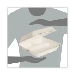 Bare Eco-Forward Bagasse Hinged Lid Containers, 3-Compartment, 9.6 X 9.4 X 3.2, Ivory, Sugarcane, 200/Carton -Professional cleaning tool store 67a2c68ac55f1086d9f6d8cb4b393ba63c