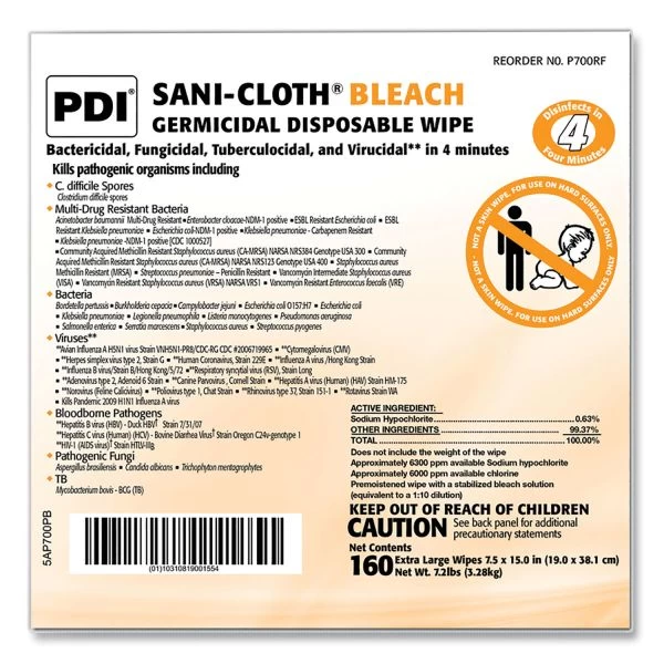 Sani Professional Sani-Cloth Bleach Germicidal Disposable Wipe Refill, 1-Ply, 7.5 X 15, Unscented, White, 160/Bag, 2 Bags/Carton 2 Sani Professional Sani-Cloth Bleach Germicidal Disposable Wipe Refill, 1-Ply, 7.5 X 15, Unscented, White, 160/Bag, 2 Bags/Carton - Image 2
