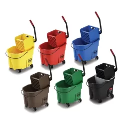 Rubbermaid Commercial WaveBrake 2.0 Bucket/Wringer Combos, Down-Press, 35 Qt, Plastic, Yellow -Professional cleaning tool store 7d7aa380bad66e6e700773c555f07bb752
