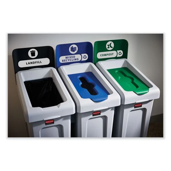 Rubbermaid Commercial Slim Jim Recycling Station Kit, 3-Stream Landfill/Mixed Recycling, 69 Gal, Plastic, Blue/Gray/Green 8 Rubbermaid Commercial Slim Jim Recycling Station Kit, 3-Stream Landfill/Mixed Recycling, 69 Gal, Plastic, Blue/Gray/Green - Image 8