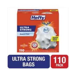 Hefty Ultra Strong Tall Kitchen And Trash Bags, 13 Gal, 0.9 Mil, 23.75" X 24.88", White, 110/Box