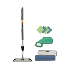 Boardwalk Microfiber Cleaning Kit, 18" Wide Blue/Green Microfiber Head, 35" To 60" Gray Aluminum Handle