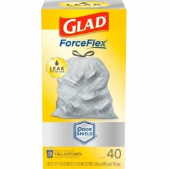 Glad 13-gal ForceFlexPlus Drawstring Bags, White, Large Size, 13 Gallons, 40/Box, 6/Carton