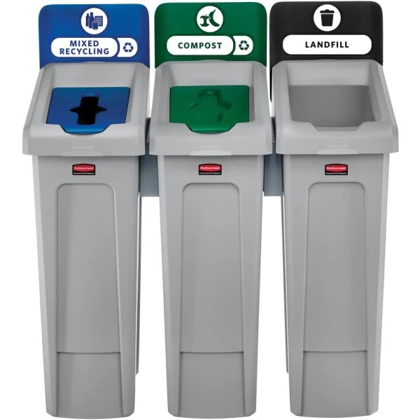Rubbermaid Commercial Slim Jim Recycling Station Kit, 3-Stream Landfill/Mixed Recycling, 69 Gal, Plastic, Blue/Gray/Green 6 Rubbermaid Commercial Slim Jim Recycling Station Kit, 3-Stream Landfill/Mixed Recycling, 69 Gal, Plastic, Blue/Gray/Green - Image 6