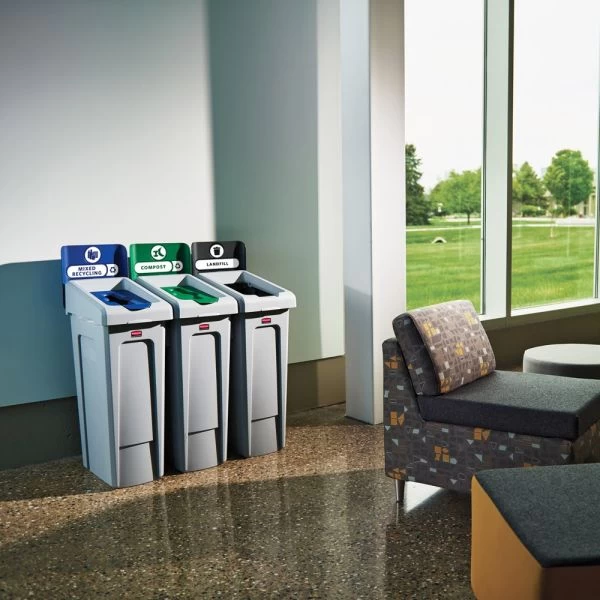 Rubbermaid Commercial Slim Jim Recycling Station Kit, 3-Stream Landfill/Mixed Recycling, 69 Gal, Plastic, Blue/Gray/Green 10 Rubbermaid Commercial Slim Jim Recycling Station Kit, 3-Stream Landfill/Mixed Recycling, 69 Gal, Plastic, Blue/Gray/Green - Image 10
