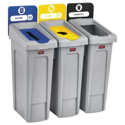 Rubbermaid Commercial Slim Jim Recycling Station Kit, 3-Stream Landfill/Paper/Bottles/Cans, 69 Gal, Plastic, Blue/Gray/Yellow