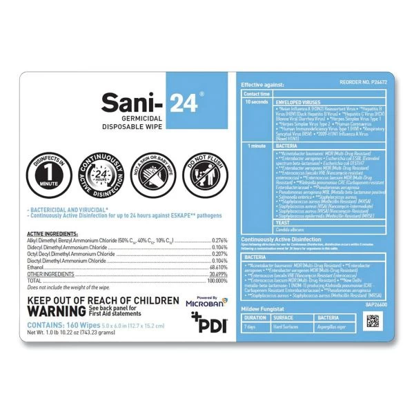 Sani Professional Sani-24 Germicidal Disposable Wipes, Large, 1-Ply, 6 X 6.75, Unscented, White, 160/Pack 3 Sani Professional Sani-24 Germicidal Disposable Wipes, Large, 1-Ply, 6 X 6.75, Unscented, White, 160/Pack - Image 3