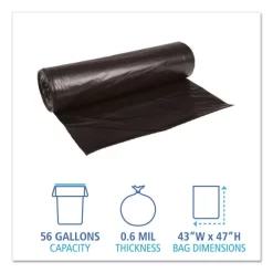 Boardwalk Low-Density Waste Can Liners, 56 Gal, 0.6 Mil, 43" X 47", Black, 25 Bags/Roll, 4 Rolls/Carton -Professional cleaning tool store fd261c190045efea345bb2a856b0b85603